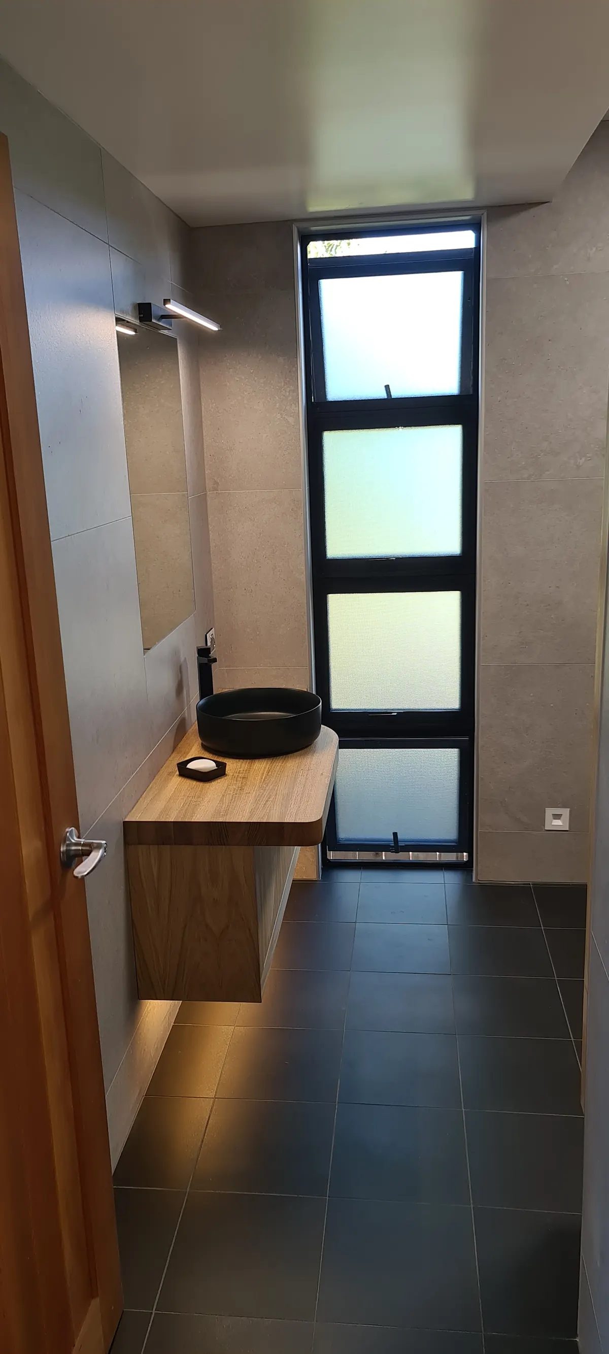 Timber vanity with a black vessel basin beneath a tall window, an Ecotectural bathroom