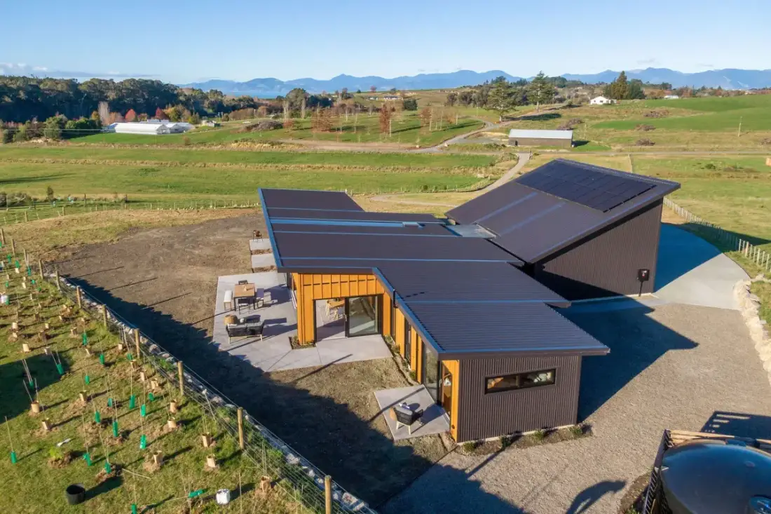 Aerial view of the Formance SIPs home with rooftop solar at Horton Road, Tasman
