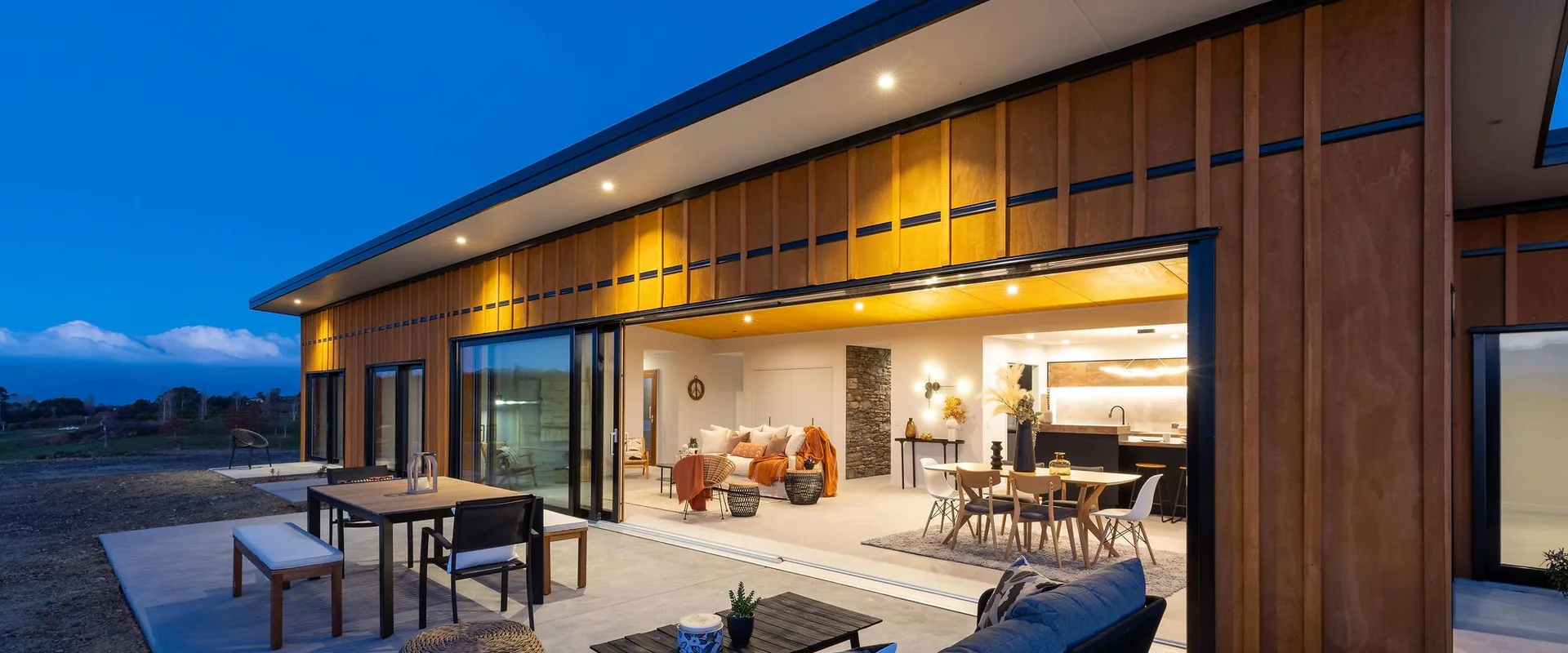 The covered patio at twilight at Horton Road, Tasman