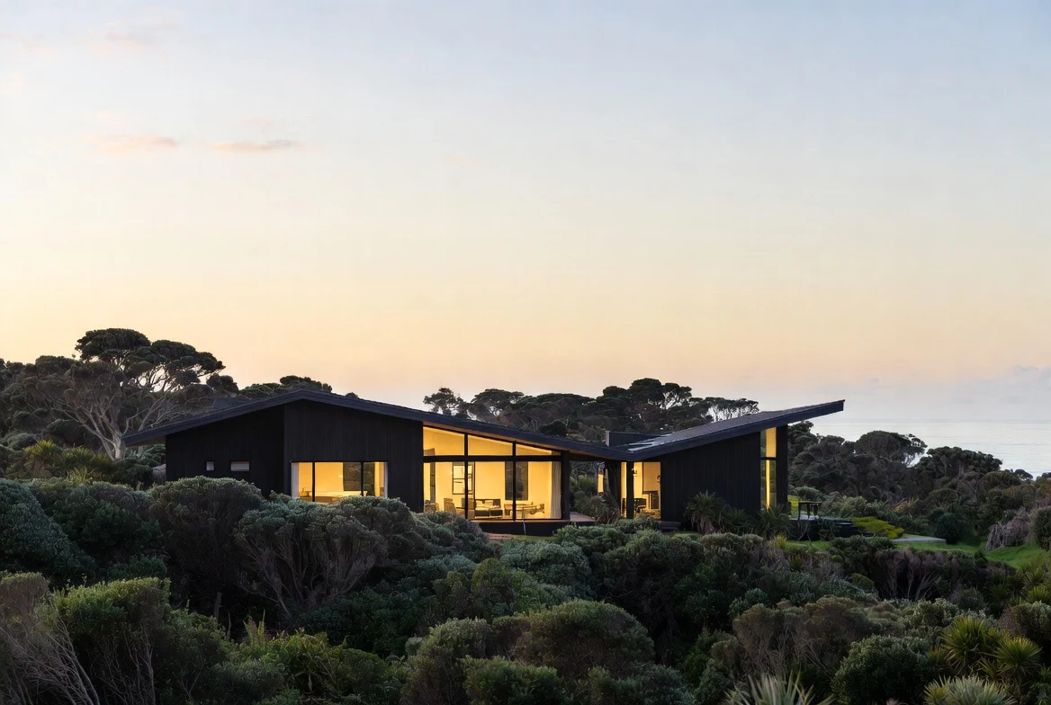 A dark-clad Ecotectural Passive Home at dusk above native bush, Nelson Tasman