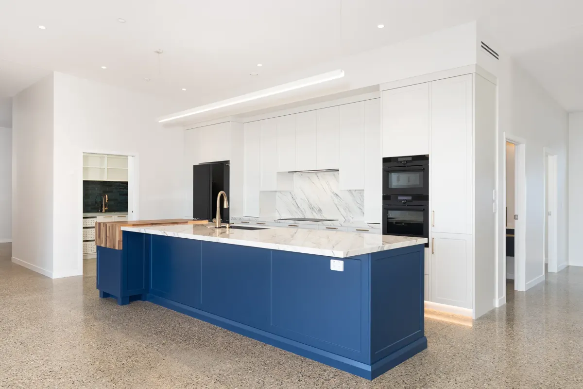 Marble kitchen inside The Blue House, Upper Moutere