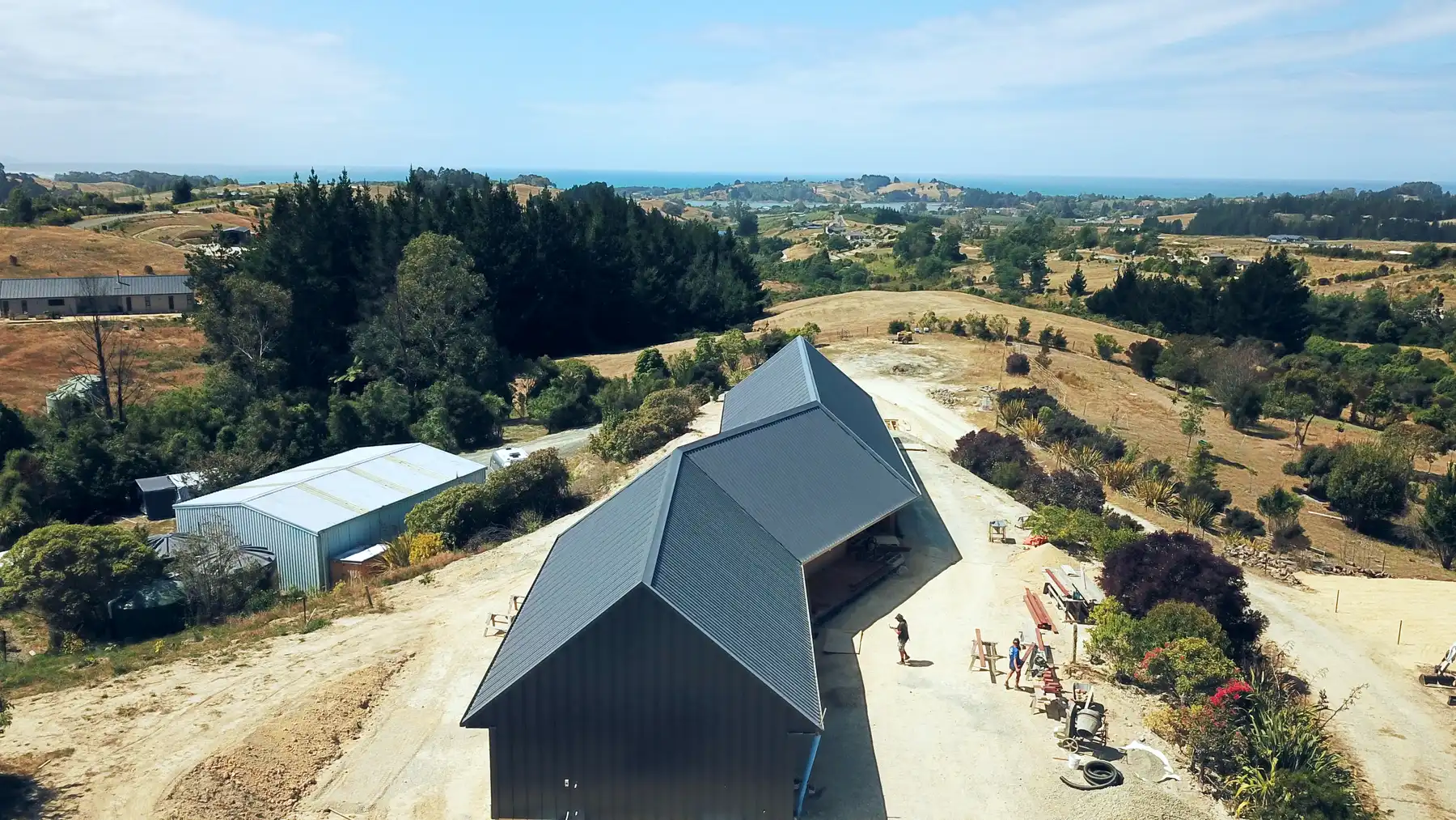 Steel gable roofline of the Tasman View build from above