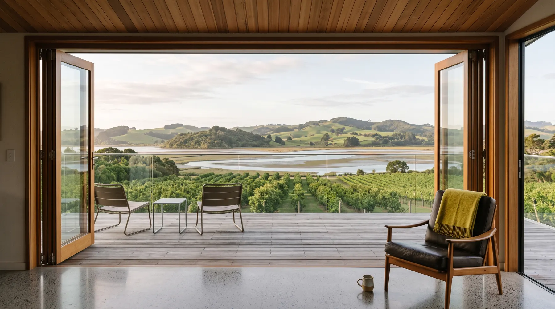 Folding doors open from a warm timber-lined living space onto a deck overlooking vineyards and the Tasman estuary