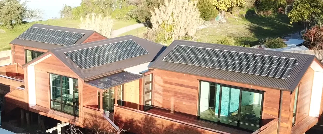 Aerial of The Cedar House, designed by Bill Stevenson Architects and built by Ecotectural, Motueka