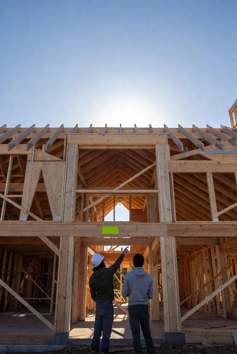 Two builders reviewing the timber frame of an Ecotectural home part-way through construction