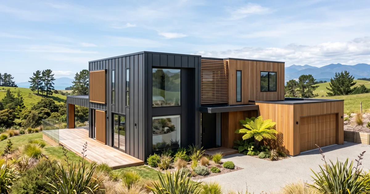 A finished Ecotectural home shown through the leaf-in-house emblem