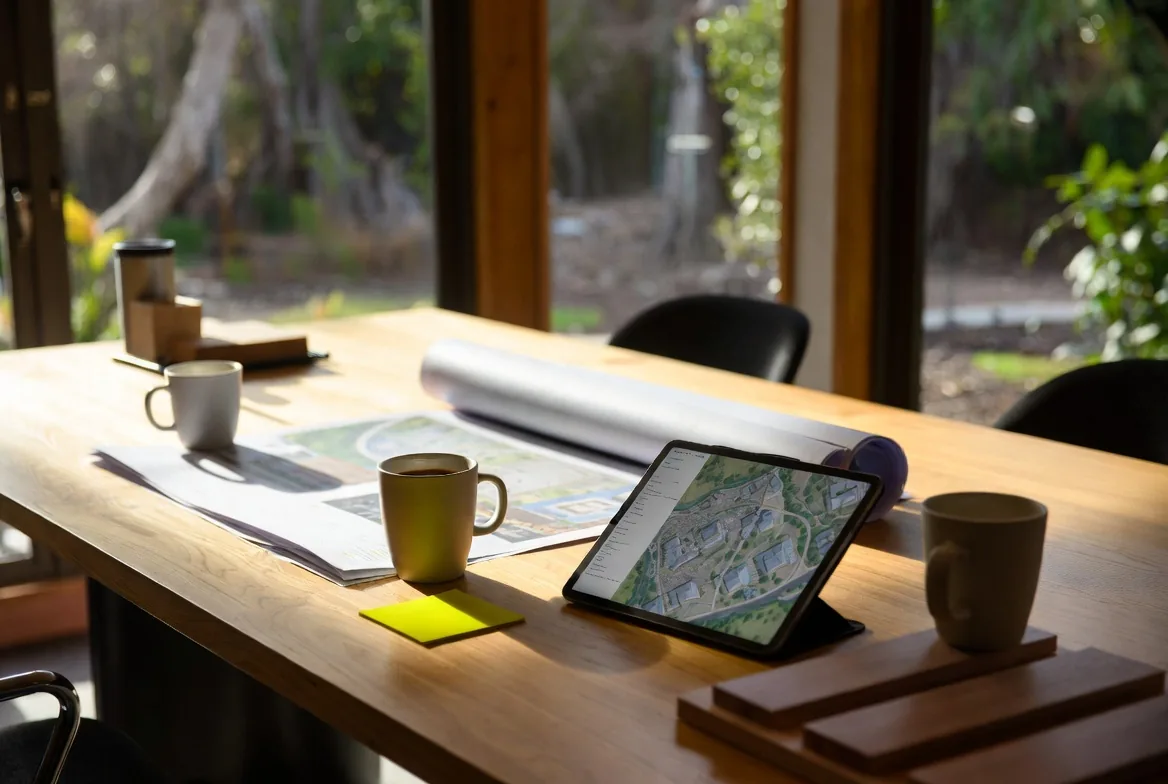 Site plans and an aerial site map on a tablet, laid out with coffee for a first meeting