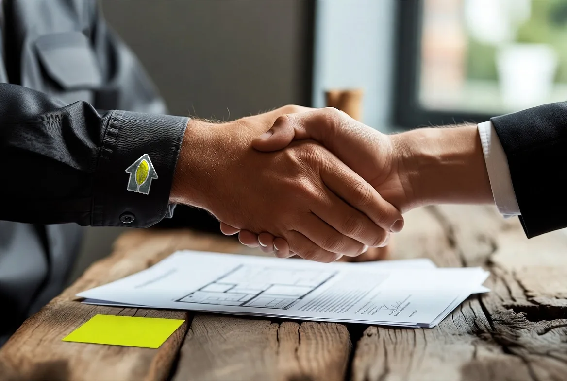 A handshake over floor plans and the cost summary at the pricing stage