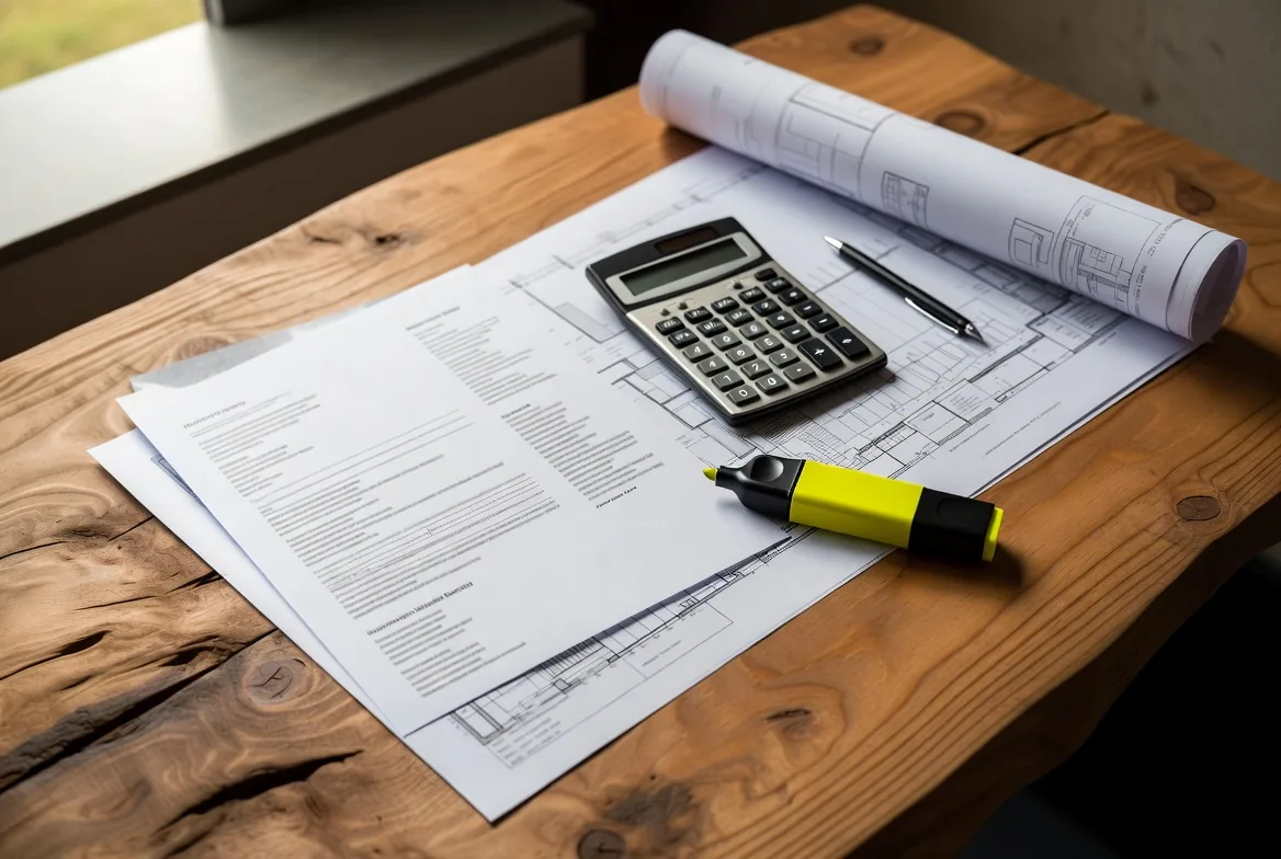 Calculator, highlighter and cost sheets over the working drawings at a budget review