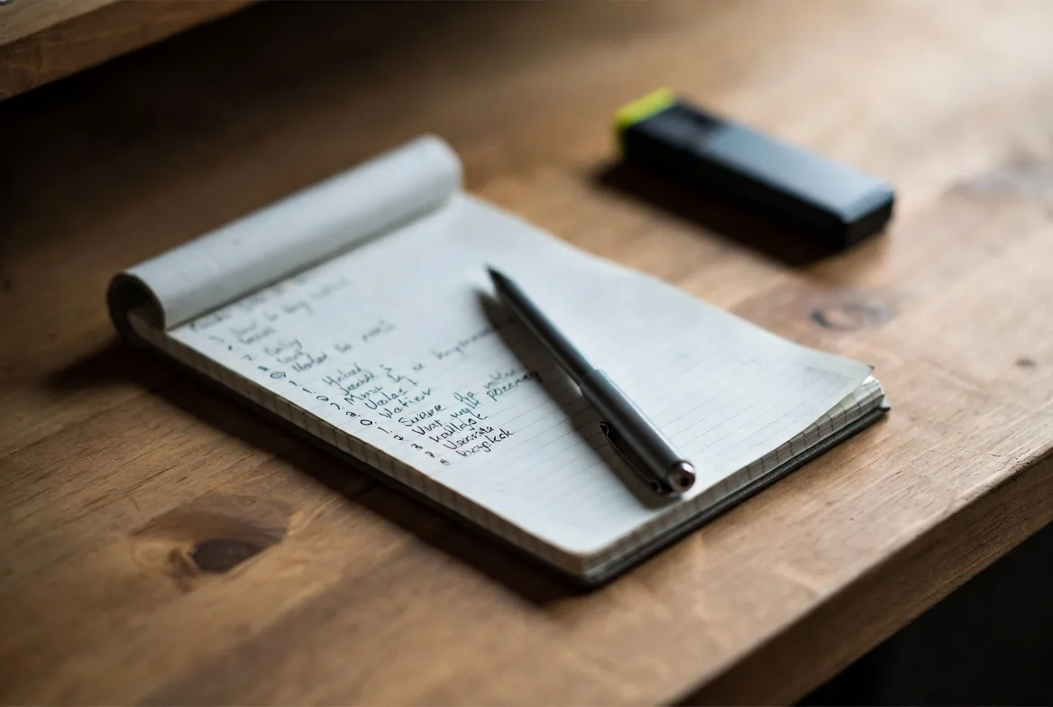 A handwritten action list on a notepad, each point numbered for follow-up