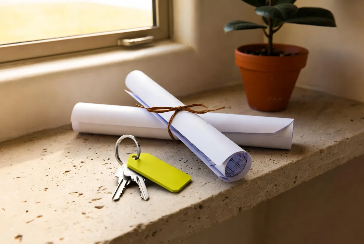 House keys and rolled plans on the windowsill at practical completion
