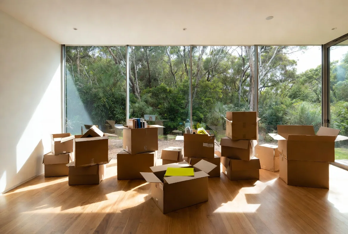 Moving boxes in the sunlit living space of a newly finished home