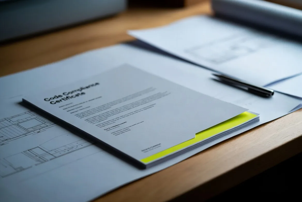 The Code Compliance Certificate paperwork on top of the drawings