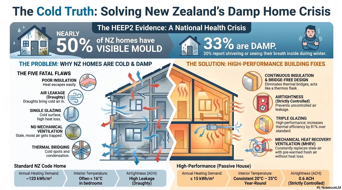 Why So Many NZ Homes Are Cold and Damp, and How to Fix It in a New Build infographic