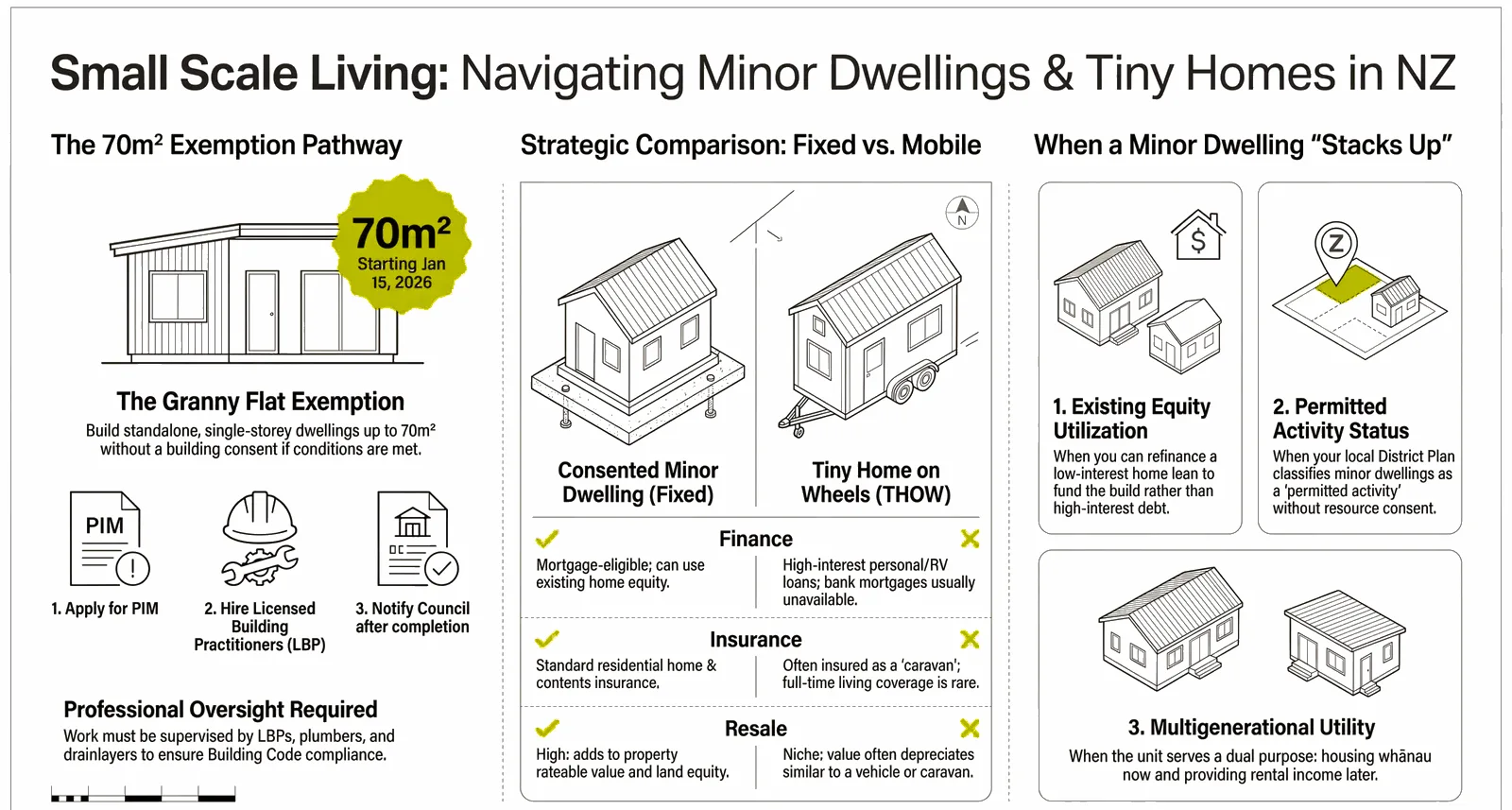 Minor Dwellings and Tiny Homes in NZ: Rules, Cost and Whether They Stack Up infographic