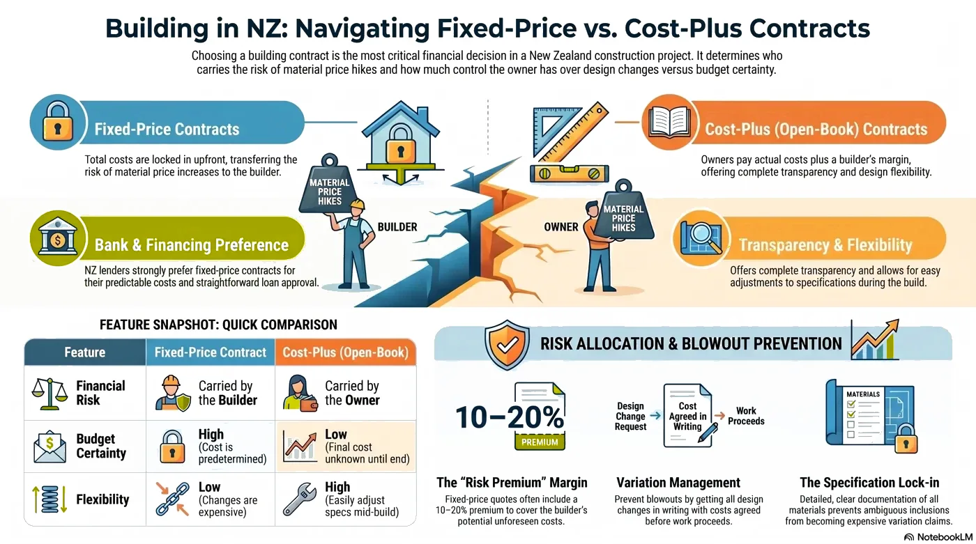 Open-Book vs Fixed-Price Building Contracts in NZ: A Plain-English Guide infographic