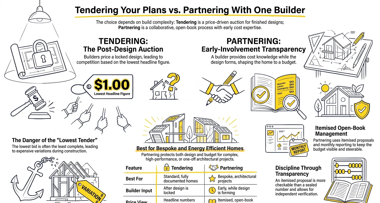Tendering Your Plans vs Partnering With One Builder infographic